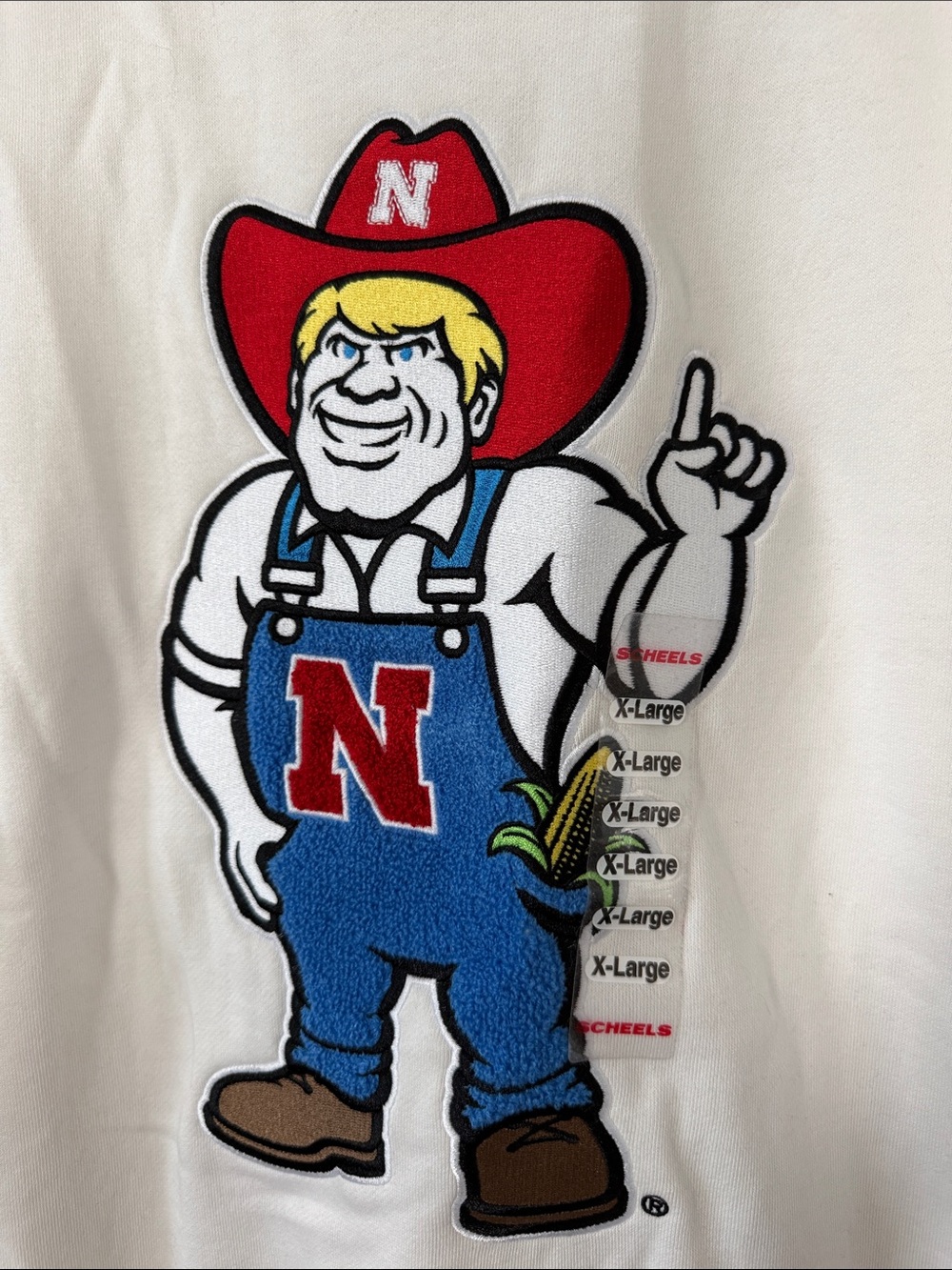 Nebraska Cornhusker White Sweatshirt featuring Herbie Husker Chenille College - Picture 2 of 6